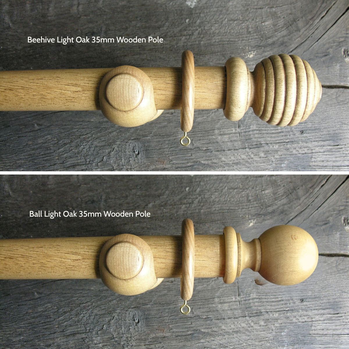35mm Light Oak Beehive & Ball finial wooden curtain poles