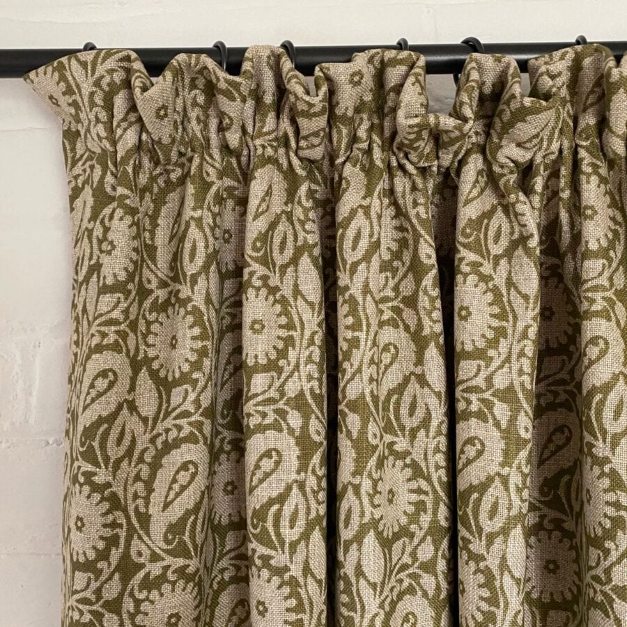 Tinsmiths Extra Wide Agnes fabric in Drab Green curtain with cottage pleat top
