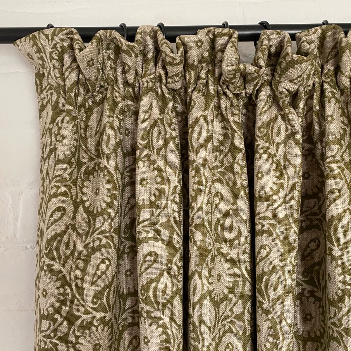 Tinsmiths Extra Wide Agnes fabric in Drab Green curtain with cottage pleat top