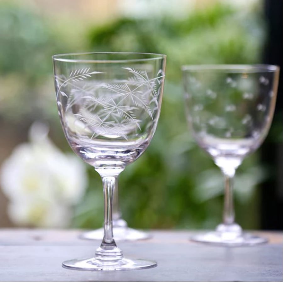 Set of Six Crystal Wine Glasses - Fern Design