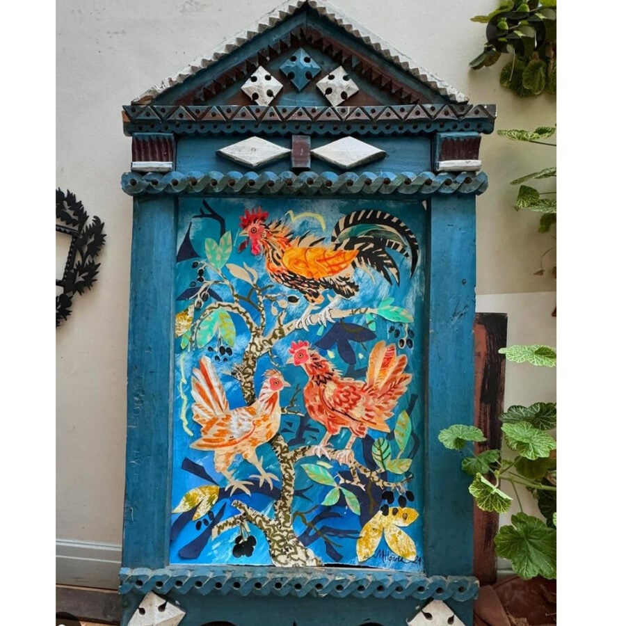 Mark Hearld Original Collage in a Large Antique Frame - Bantams in Damson Tree