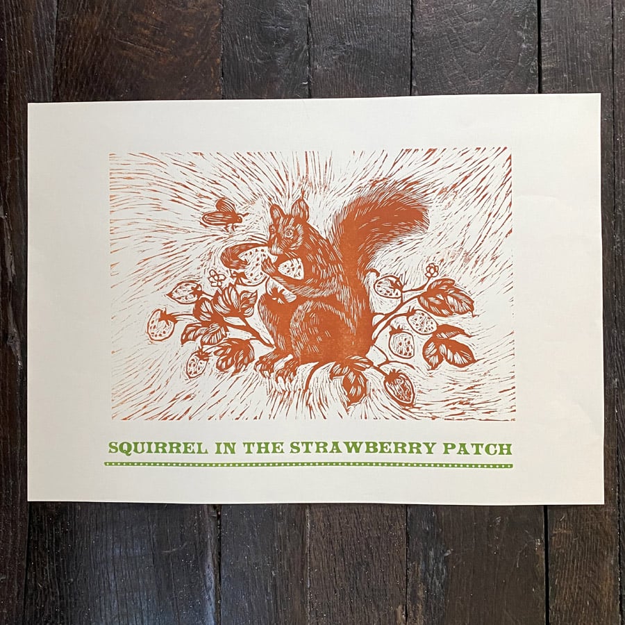 Squirrel in the Strawberry Patch, Letterpress Poster Jen Whiskerd - Image 4