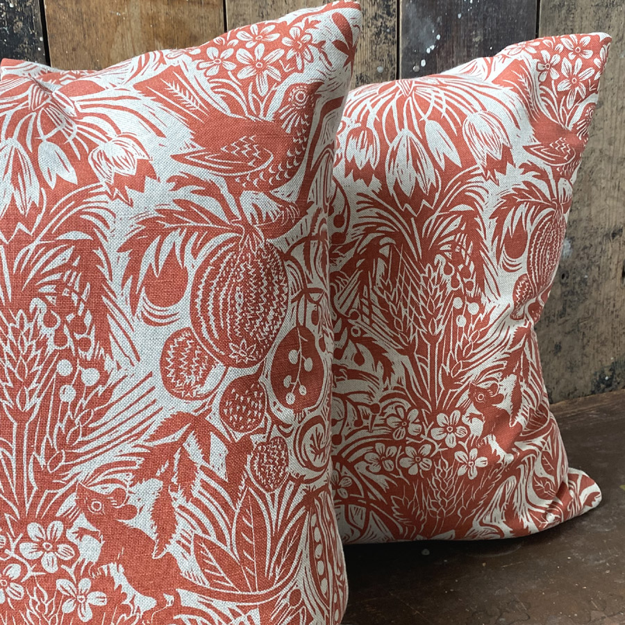 Squirrel and Sunflower Cushion - Brick Red - Image 4