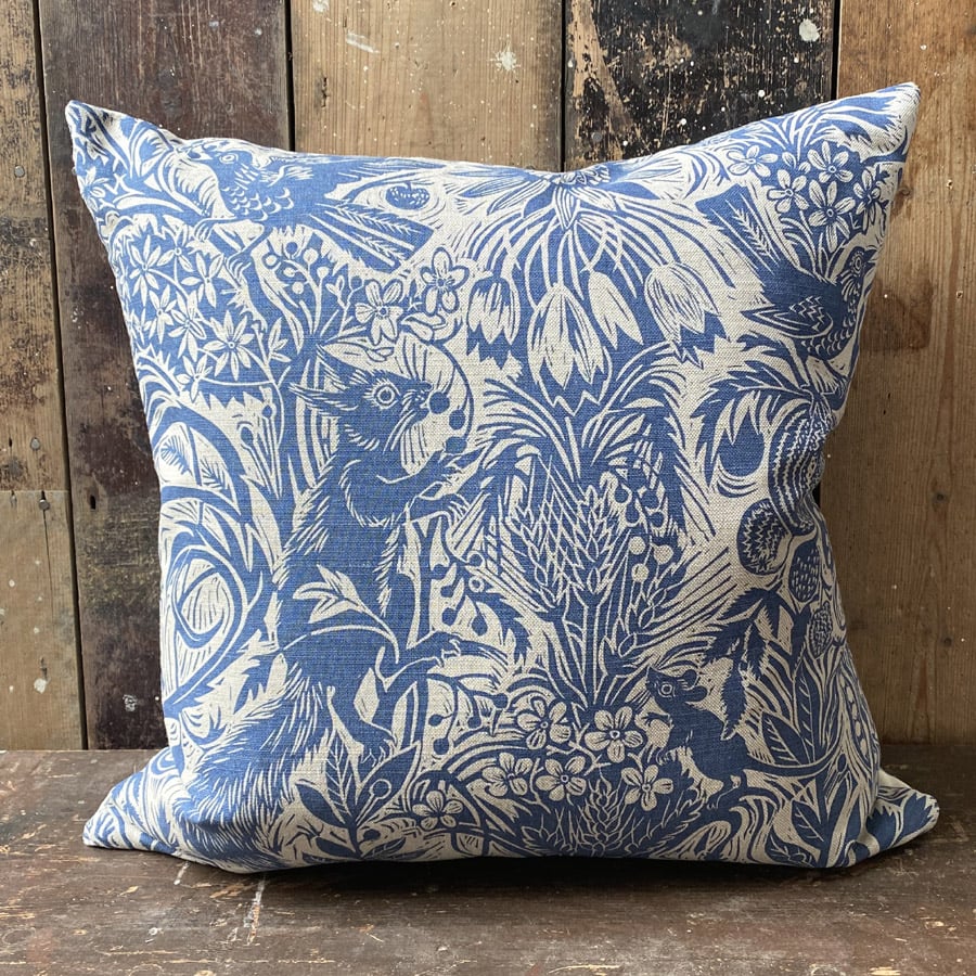 Squirrel and Sunflower Cushion - Indigo