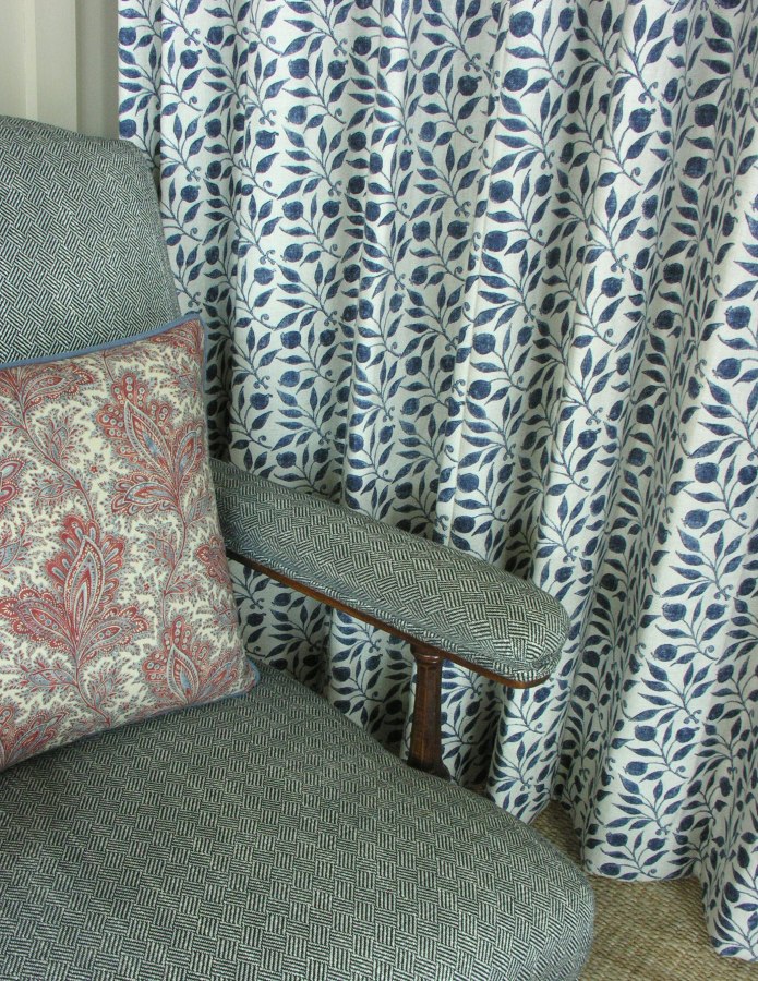 Morris & Co Rosehip Indigo Fabric curtain detail from Tinsmiths of Ledbury