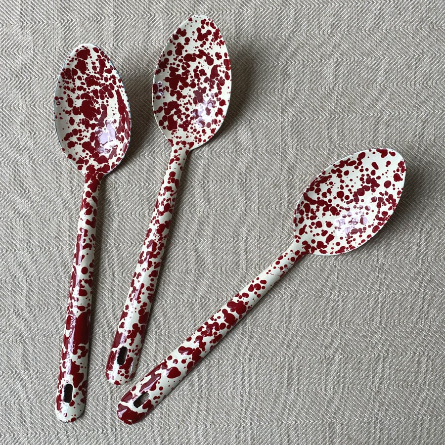 Enamelware Slotted Spoon - Burgundy and Cream