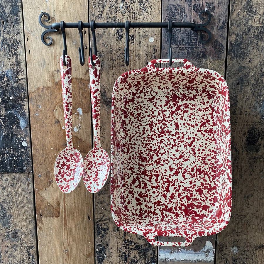 Enamelware Slotted Spoon - Burgundy and Cream - Image 2