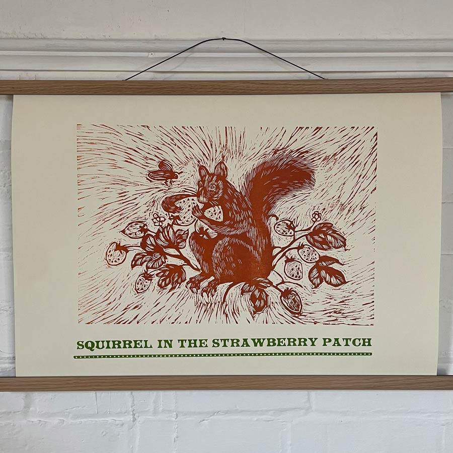 Squirrel in the Strawberry Patch, Letterpress Poster Jen Whiskerd