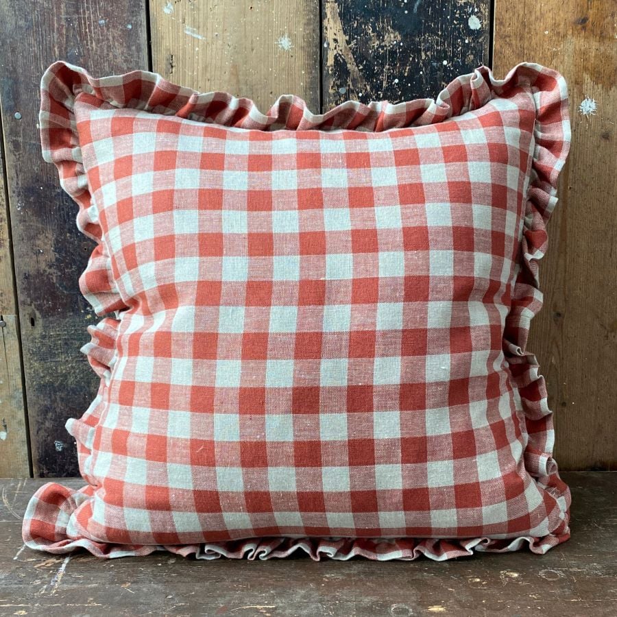 Washed Linen Check Ruffle Cushion - Brick