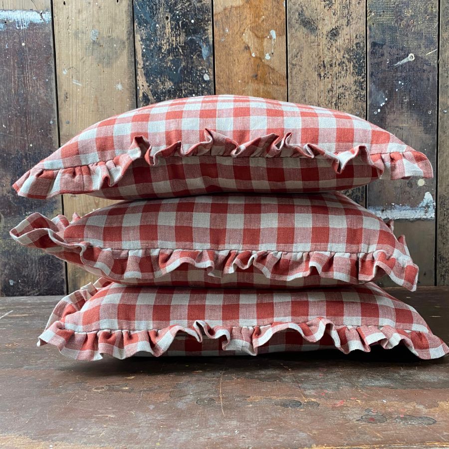 Washed Linen Check Ruffle Cushion - Brick - Image 4