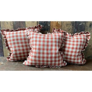Washed Linen Check Ruffle Cushion - Brick - Image 3