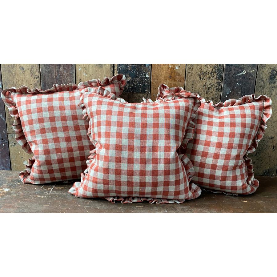 Washed Linen Check Ruffle Cushion - Brick - Image 3