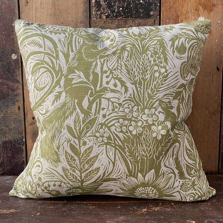 Squirrel and Sunflower Cushion - Olive Green