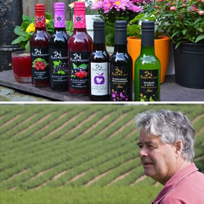 Above: A few of Pixley Berries Cordials and Juice. Below: Edward Thompson, surveying his fields of blackcurrants at Pixley