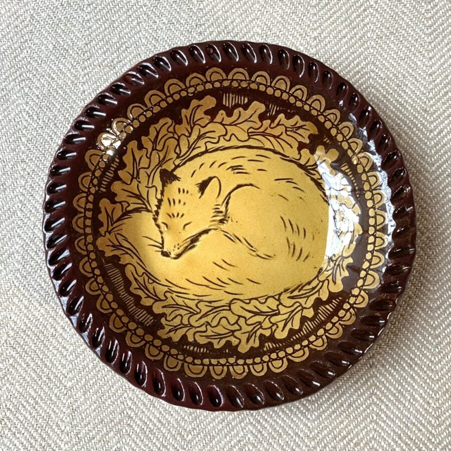 SORKD1 Katie Morgan Sleeping Fox Katie B Morgan slipware dish for Tinsmiths Ledbury