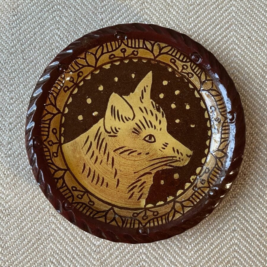 SORKD4 Katie Morgan Fox Head1 Katie B Morgan slipware dish for Tinsmiths Ledbury