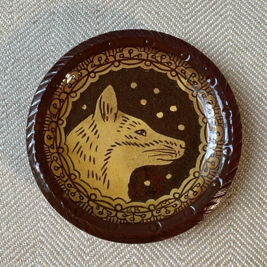 SORKD5 Katie Morgan Fox Head2 Katie B Morgan slipware dish for Tinsmiths Ledbury