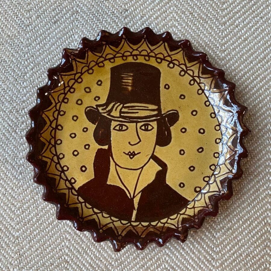 SORKD7 Katie Morgan Hat Man Katie B Morgan slipware dish for Tinsmiths Ledbury