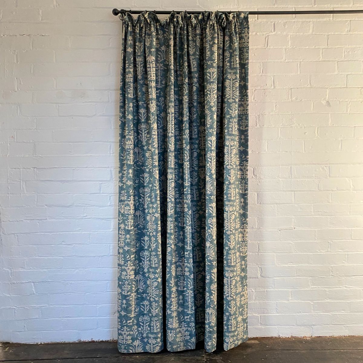 Single curtain in Silvan and Alpha Ticking Stripe fabrics from Tinsmiths Ledbury