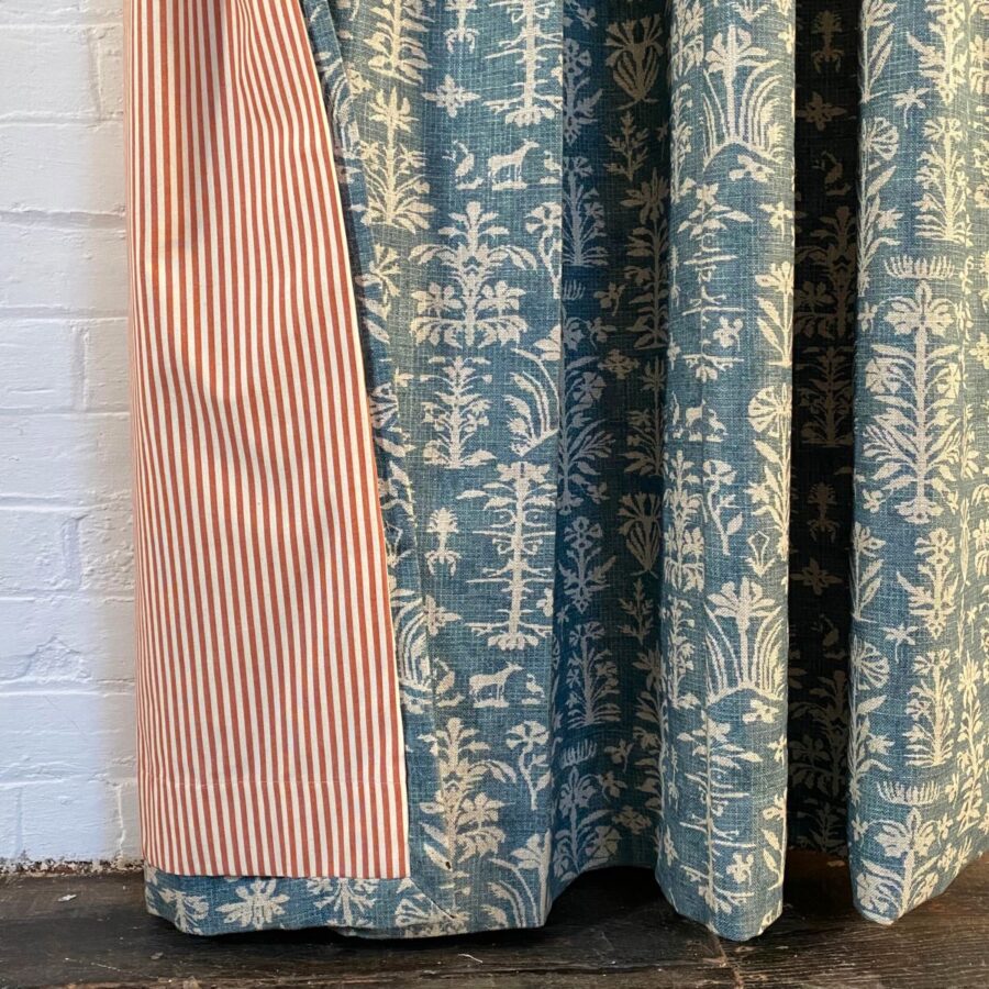 Single curtain in Silvan and Alpha Ticking Stripe fabrics from Tinsmiths Ledbury