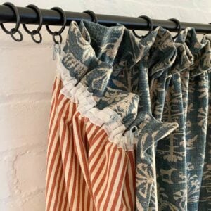 Single curtain in Silvan and Alpha Ticking Stripe fabrics from Tinsmiths Ledbury