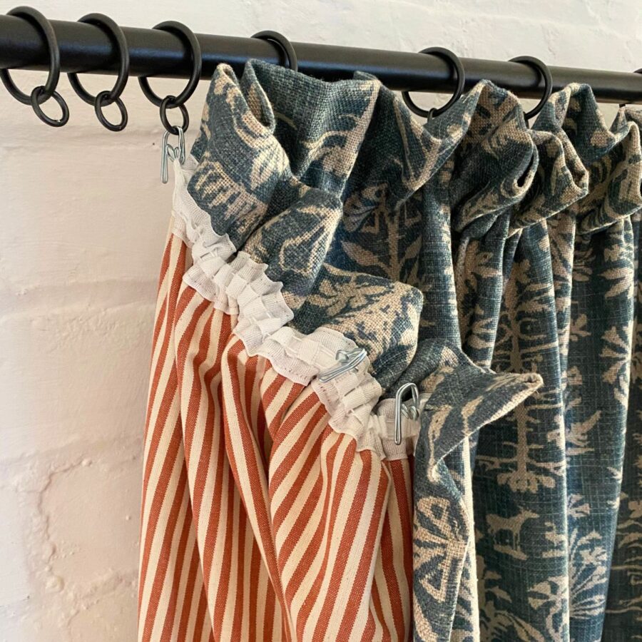 Single curtain in Silvan and Alpha Ticking Stripe fabrics from Tinsmiths Ledbury