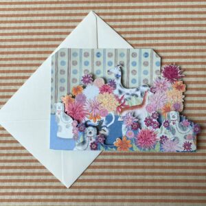 Angie Lewin 3D card with multicoloured flowers and dogs