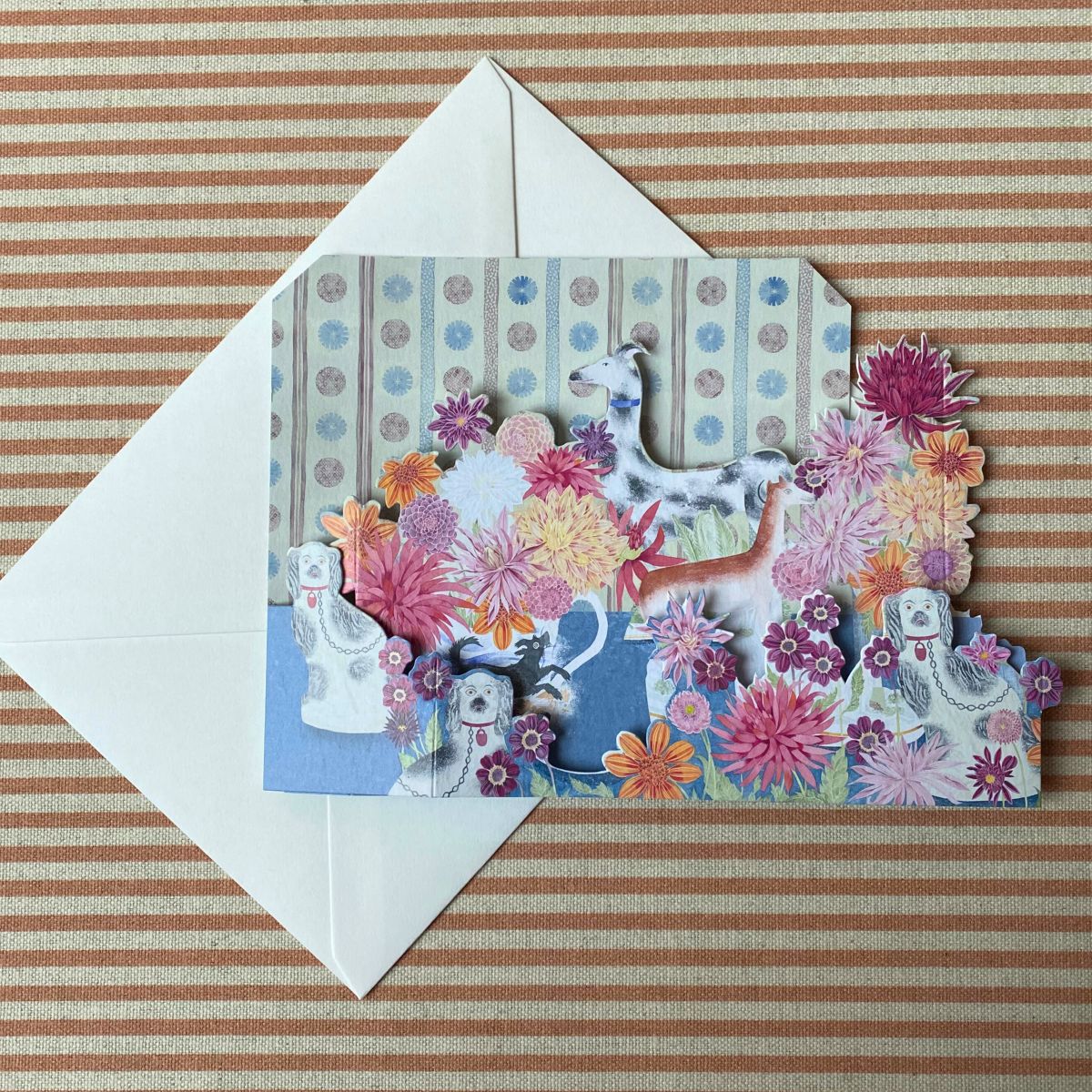 Angie Lewin 3D card with multicoloured flowers and dogs