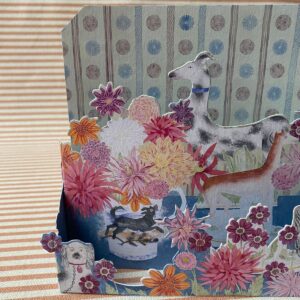 Angie Lewin 3D card with multicoloured flowers and dogs