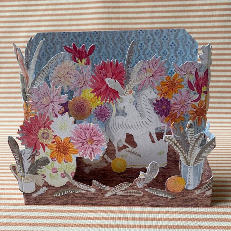 Angie Lewin 3D card with multicoloured flowers and a zebra
