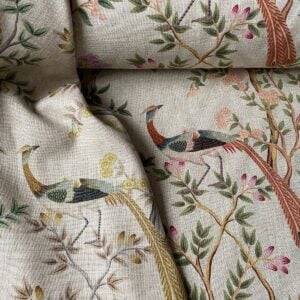 Tinsmiths Extra Wide Chinoiserie curtain fabric with bird and leaf design