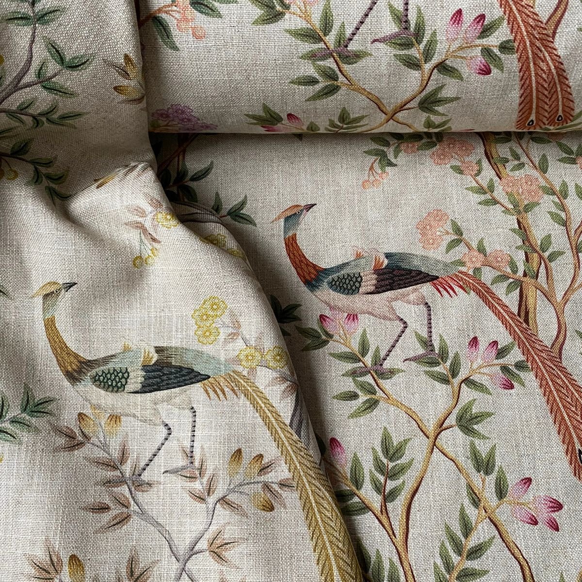 Tinsmiths Extra Wide Chinoiserie curtain fabric with bird and leaf design