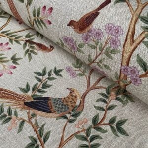 Tinsmiths Extra Wide Chinoiserie curtain fabric with bird and leaf design