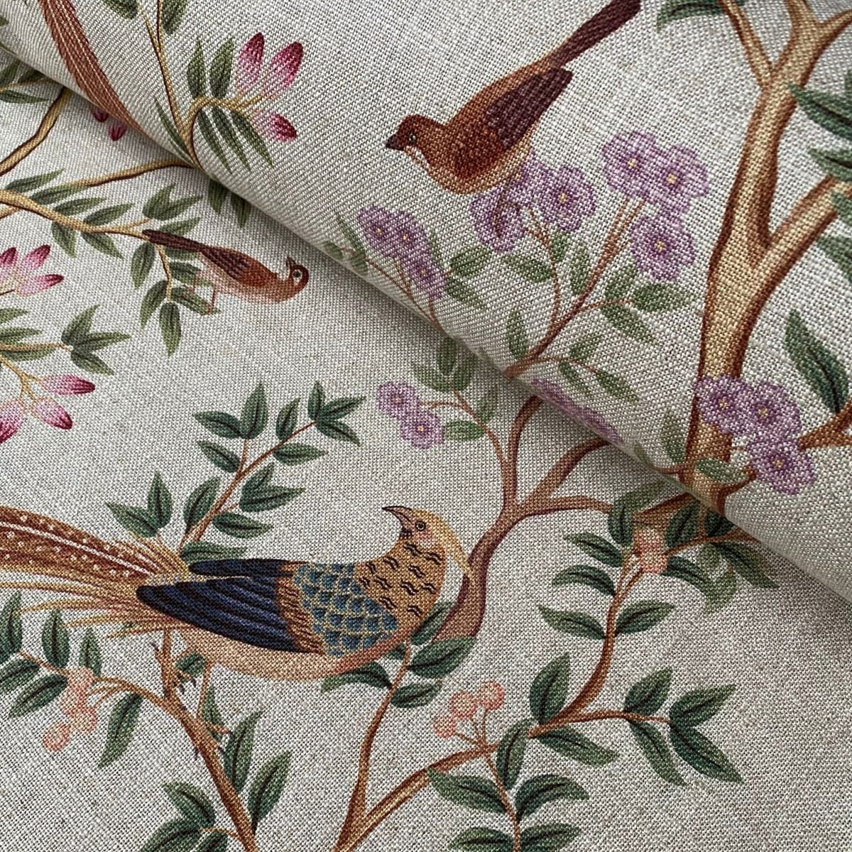 Tinsmiths Extra Wide Chinoiserie curtain fabric with bird and leaf design