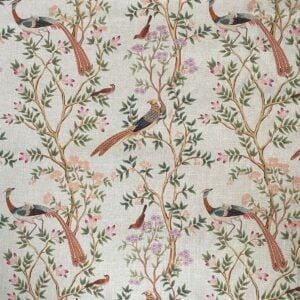 Tinsmiths Extra Wide Chinoiserie curtain fabric with bird and leaf design