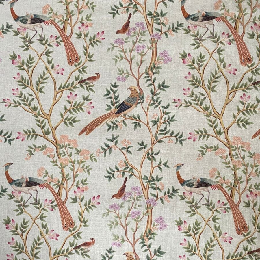 Tinsmiths Extra Wide Chinoiserie curtain fabric with bird and leaf design