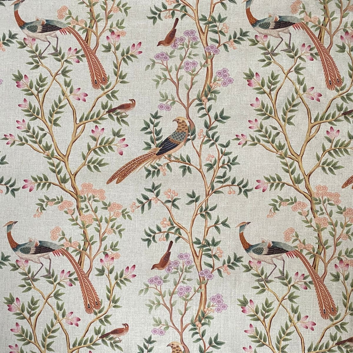 Tinsmiths Extra Wide Chinoiserie curtain fabric with bird and leaf design