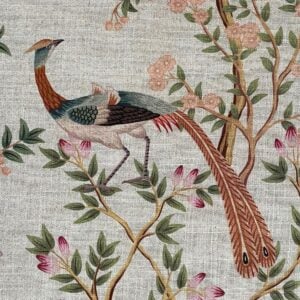 Tinsmiths Extra Wide Chinoiserie curtain fabric with bird and leaf design