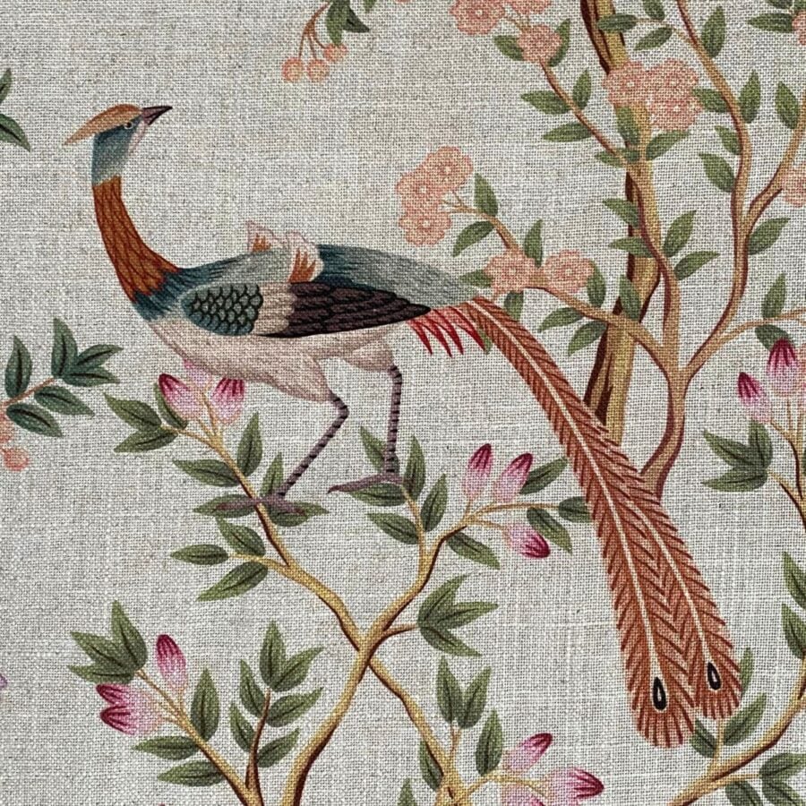 Tinsmiths Extra Wide Chinoiserie curtain fabric with bird and leaf design