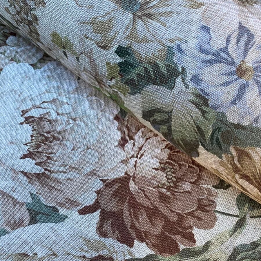 Tinsmiths Extra Wide Grandiflora fabric on a roll in Sepia & Sage