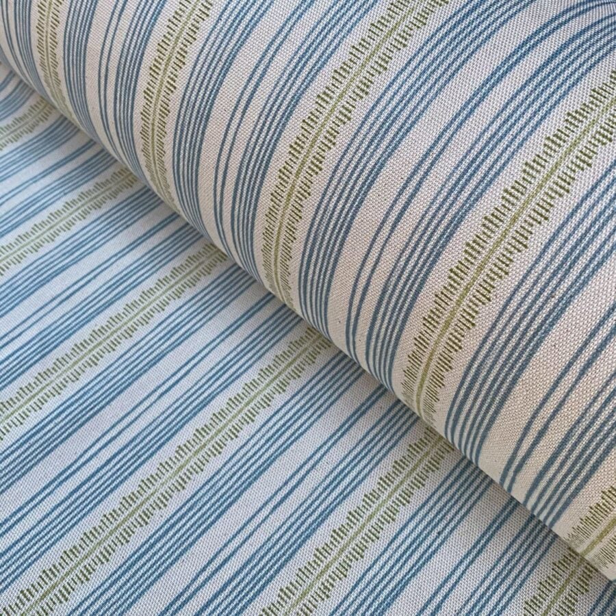 Tinsmiths Striped Feather Stripe Fabric on a roll in blue & olive green