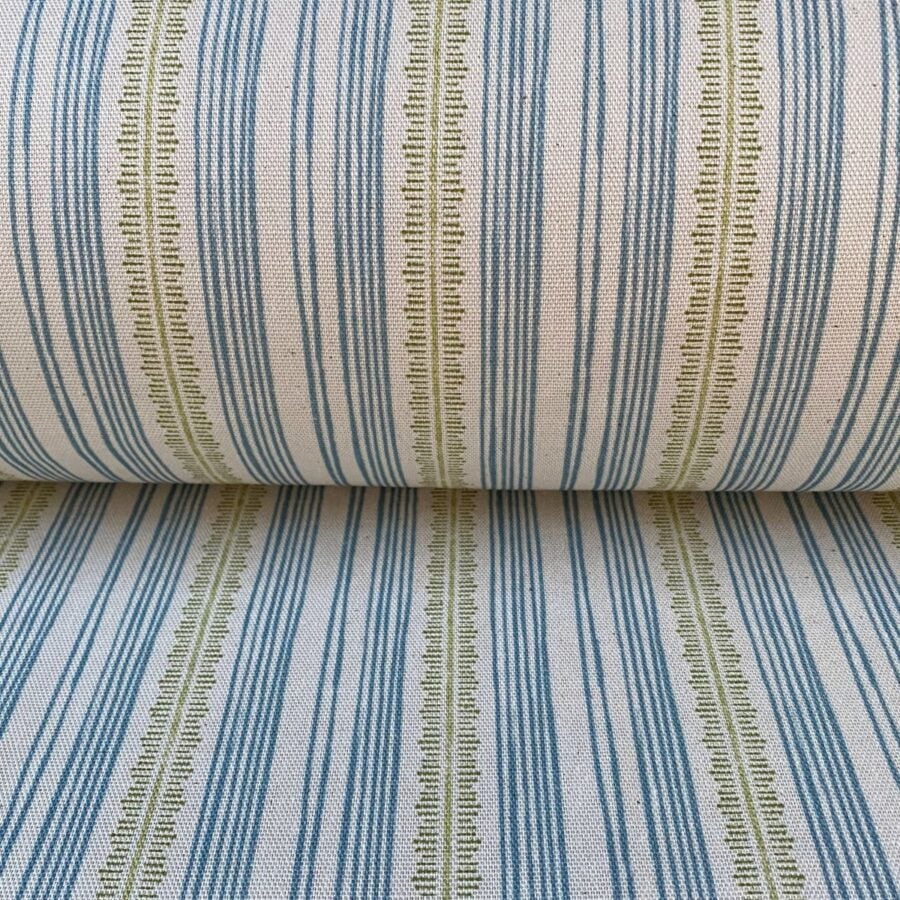 Tinsmiths Striped Feather Stripe Fabric on a roll in blue & olive green
