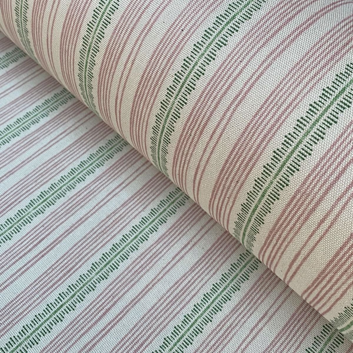 Tinsmiths Striped Feather Stripe Fabric on a roll in carnation pink & Leaf Green