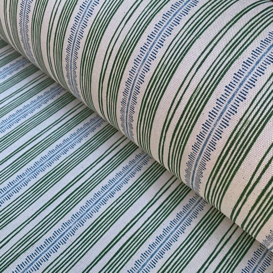 Tinsmiths Striped Feather Stripe Fabric on a roll in leaf green & indigo