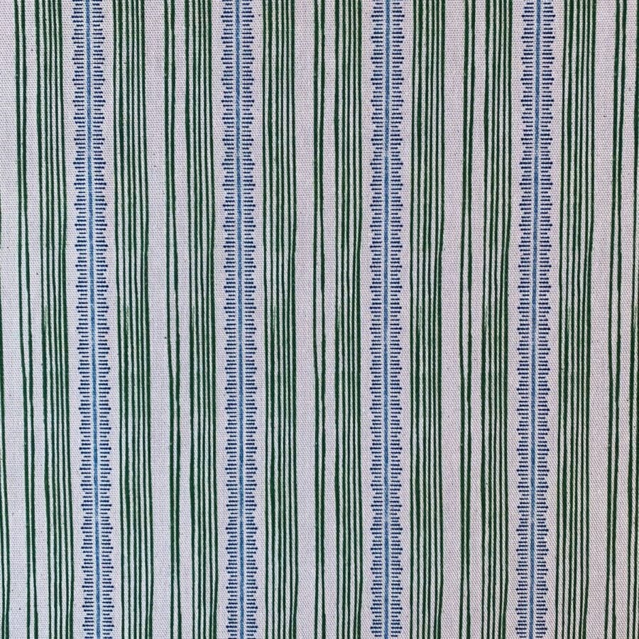 Tinsmiths Striped Feather Stripe Fabric on a roll in leaf green & indigo