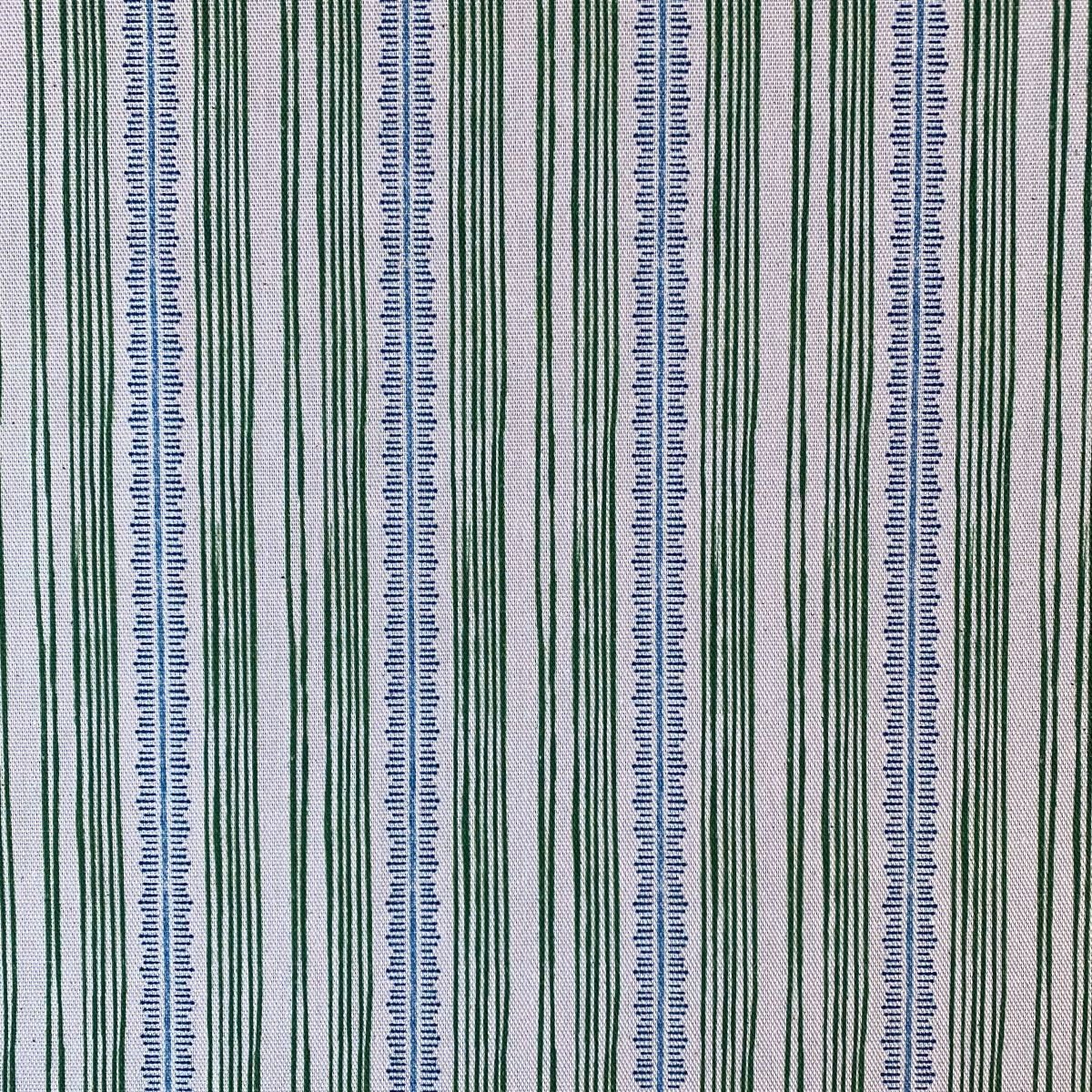 Tinsmiths Striped Feather Stripe Fabric on a roll in leaf green & indigo