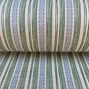 Tinsmiths Striped Feather Stripe Fabric on a roll in leaf green & indigo