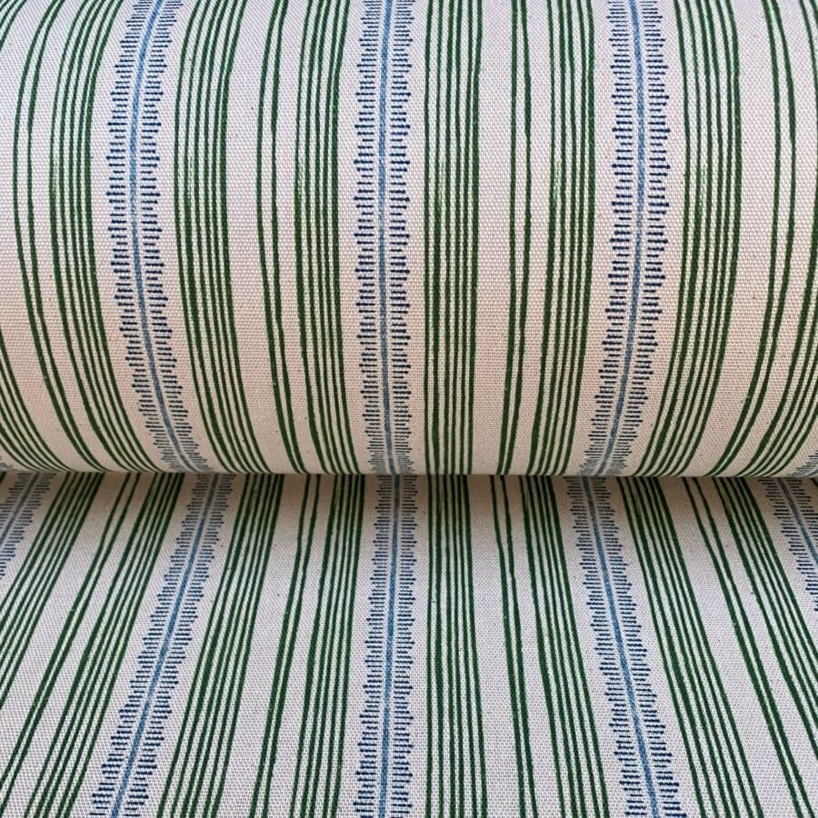 Tinsmiths Striped Feather Stripe Fabric on a roll in leaf green & indigo