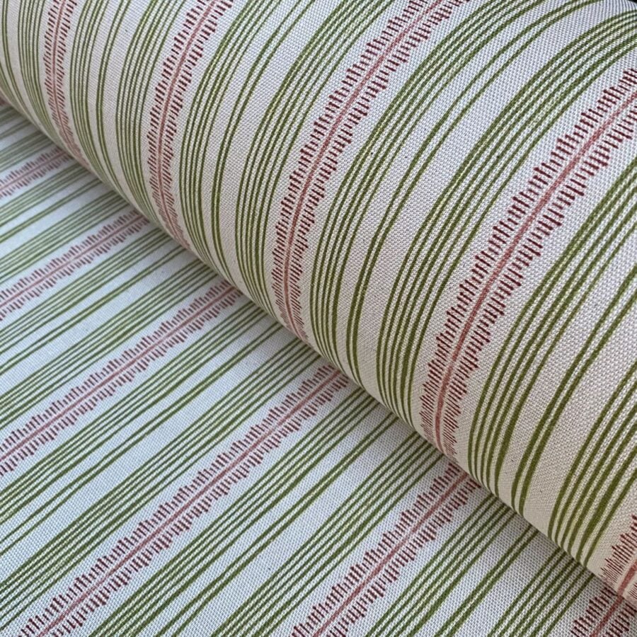 Tinsmiths Striped Feather Stripe Fabric on a roll in olive green & brick red