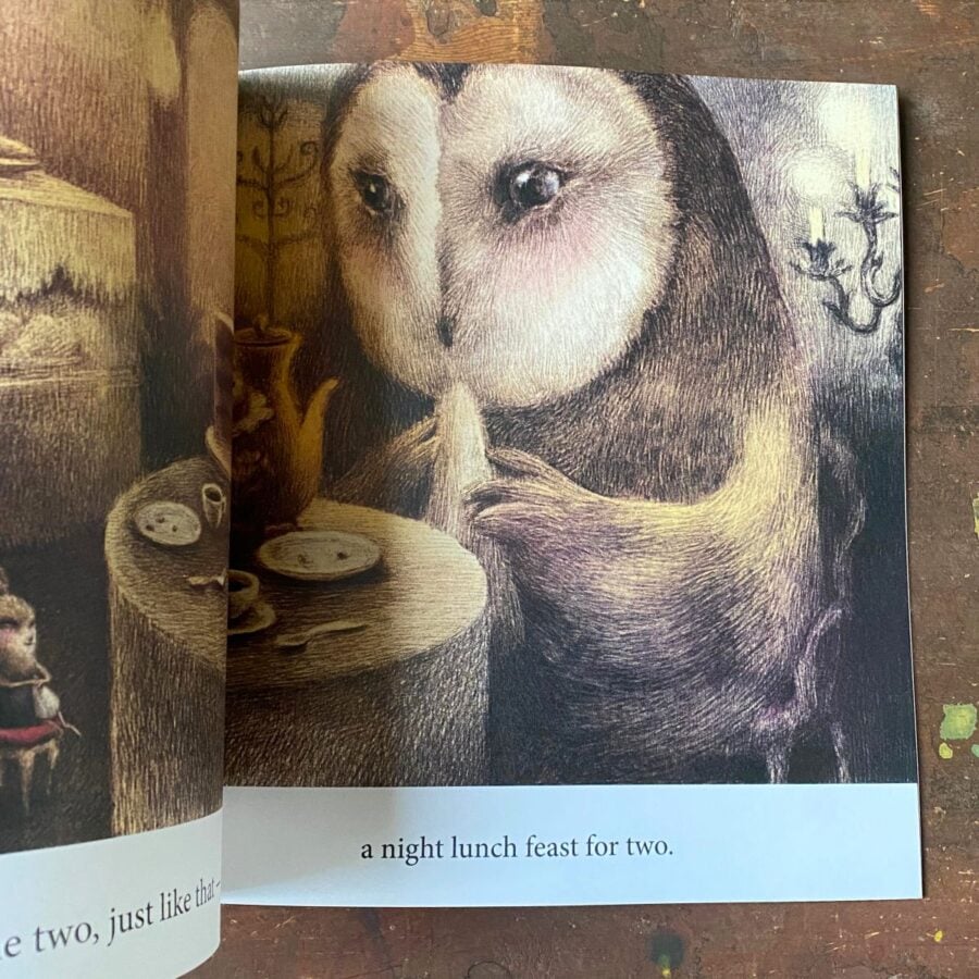 Double page spread of an owl eating a sandwich from Night Lunch book by Eric Fan